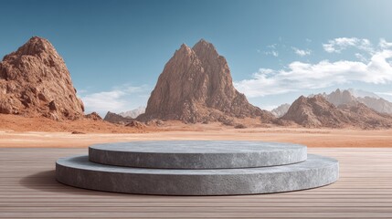 Ultra quality image of empty round stone podium and pedestal stand platform for display product in desert with rock mountain.