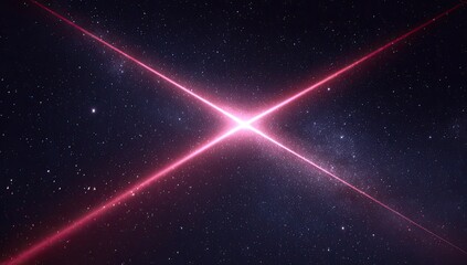 Cosmic cross; vibrant pink light beams intersect in star-filled void