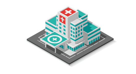 Obraz premium Modern isometric hospital building with helipad and cross symbol