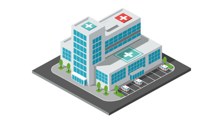 Modern isometric hospital building with ambulances and helipad