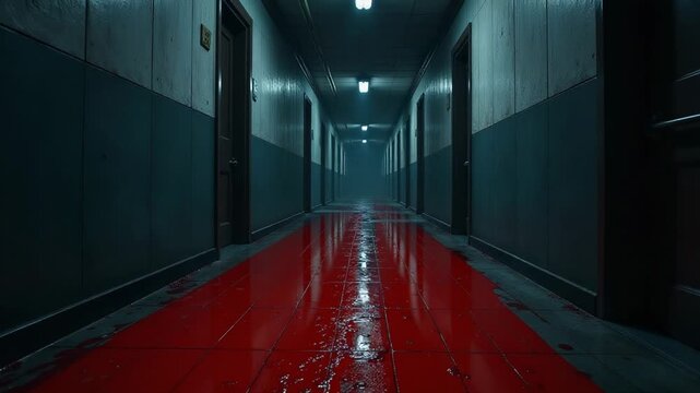 A dimly lit hallway with a prominent bloodstain on the floor, suitable for crime scenes, horror stories or intense dramas