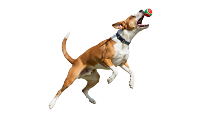 Dog jumping to catch a ball isolated on transparent background