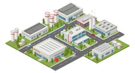 Isometric industrial district with factories and roads in urban setting