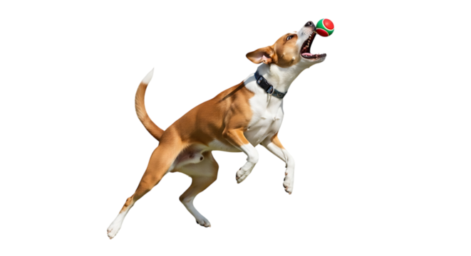 Dog jumping to catch a ball isolated on transparent background