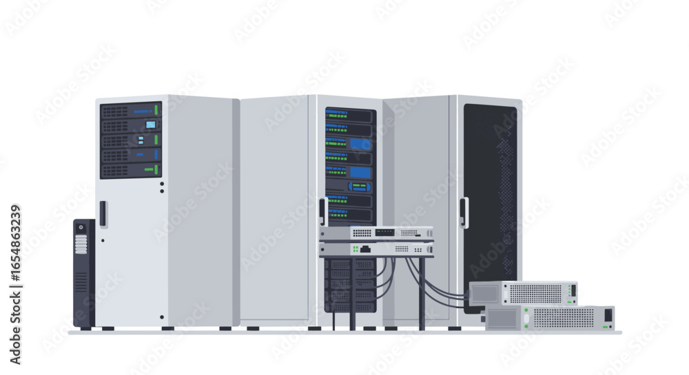 Poster modern data center equipment with servers and networking hardware in flat design