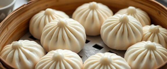 Soft, pillowy bao buns rise in a bamboo steamer, nestled amongst their doughy brethren,  close up,  wooden