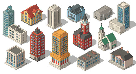 Isometric architectural concepts: diverse building styles showcased in detailed design
