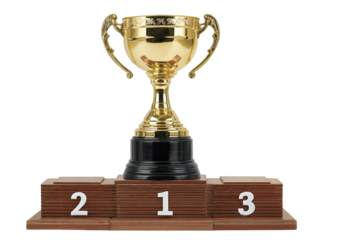 Gold trophy on a three-tiered wooden podium, numbered 1, 2, and 3