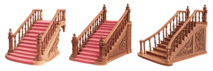 Three ornate wooden staircases with pinkish-red carpeting.  Detailed carvings adorn the balustrades and stairwell