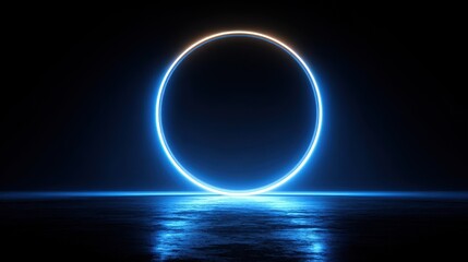 Obraz premium Ultra quality image of luminous blue neon circle radiating futuristic glow on dark reflective surface abstract design element.