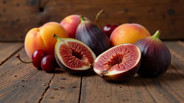 Vibrant ripe figs, peaches, and cherries artfully arranged on rustic wooden surface, capturing natural freshness.