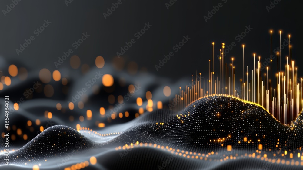 Poster black and orange background with a lot of dots and lines. the background is a representation of a fu
