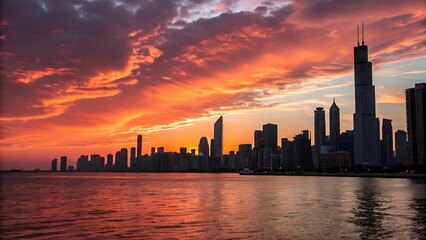 Fototapeta premium Chicago skyline at sunset with colorful clouds over lake michigan water