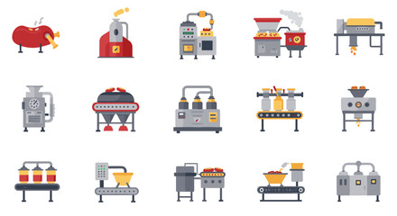 Factory equipment icons in flat style for food processing and manufacturing