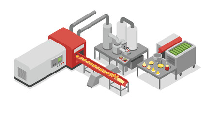 Modern isometric food processing equipment scene with conveyor and machinery