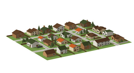 Charming isometric suburban neighborhood with colorful houses and green lawns
