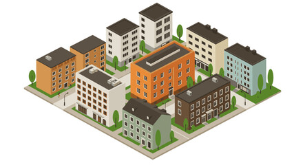 Isometric city block with modern apartments and green spaces