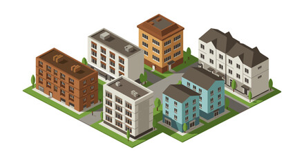 Isometric city block with modern buildings and green spaces for urban planning