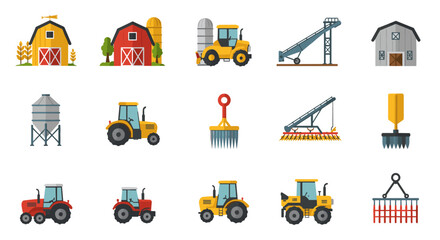 Colorful farm equipment and barn icons for agricultural design projects