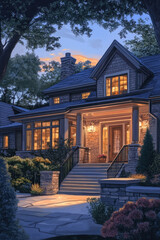 elegant suburban house at dusk with warm glowing lights. inviting front porch and stone pathway surrounded by lush greenery. cozy evening ambiance. real estate, architectural design.