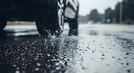 Rainy Day Drive Safety Wet Road Surface Car Tires Splashing Water
