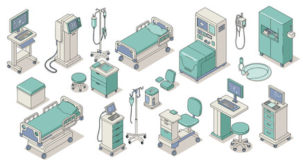 Isometric hospital furniture set featuring medical equipment and supplies for modern healthcare environments