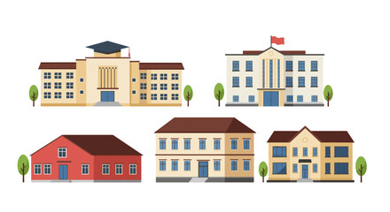 Set of flat style educational buildings with different designs and colors