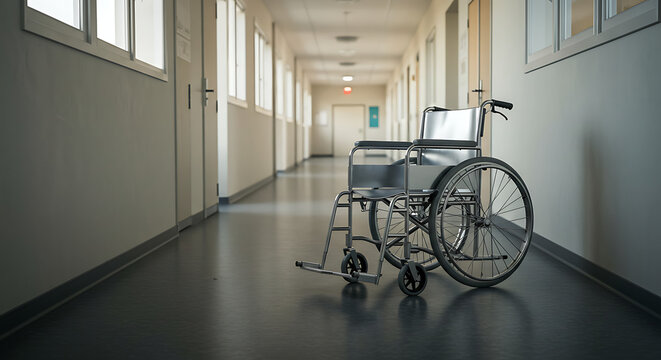 Empty hospital corridor with a wheelchair positioned centrally. - Powered by Adobe