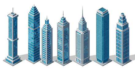 Fototapeta premium Modern isometric skyscrapers collection with blue glass facades