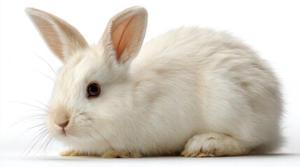 Obraz premium A close-up studio portrait of a fluffy, white rabbit against a clean white background