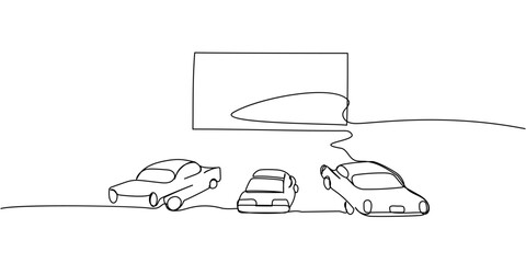 Outline of a drive-in movie theater with retro cars facing large outdoor screen