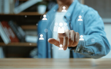 Businessman pressing on employment network, Human resources, HR management, recruitment, HR Group, Customer Care, Employee Care, Recruitment Agency, employment concept.