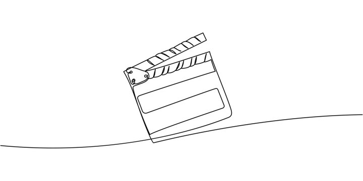 Linear minimalist outline of a movie clapperboard, abstract line art for filmmaking, video production, and scene recording