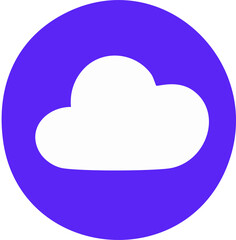 The image shows a simple white cloud icon centered inside a solid purple circular background, representing cloud computing or cloud storage.
