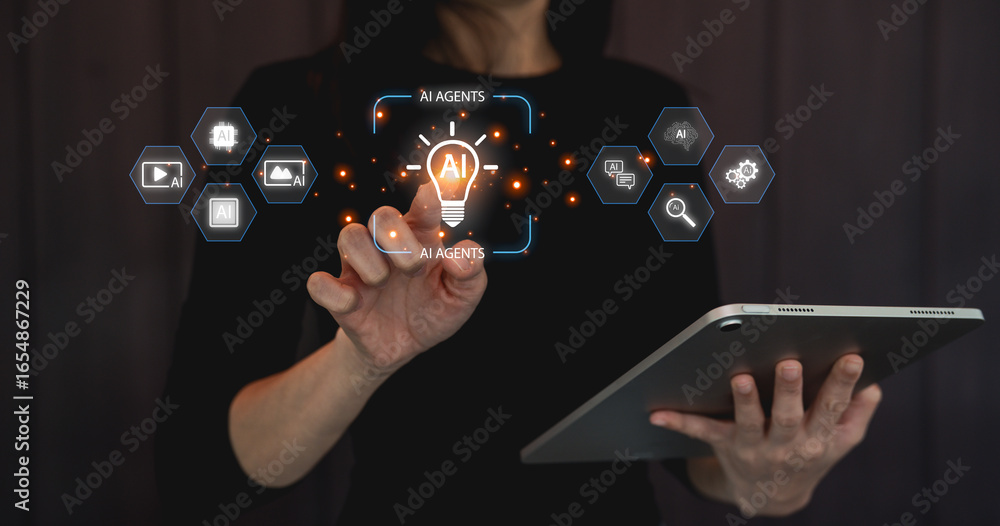 Poster a person interacts with an interface displaying ai agents and icons while holding a tablet, suggesti