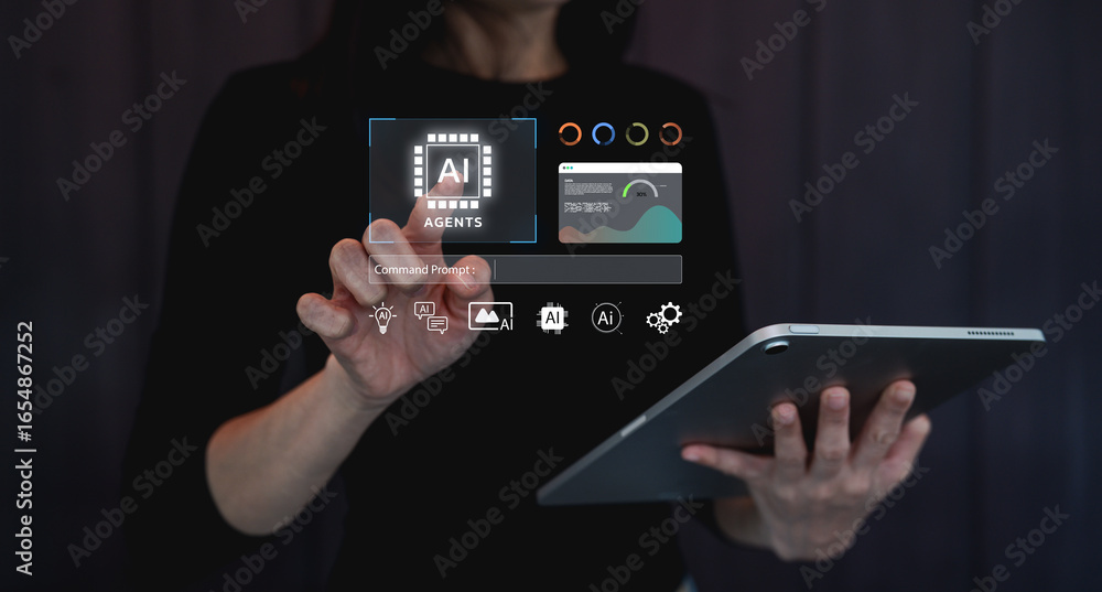 Poster a woman interacts with a digital tablet displaying various ai-related icons and graphs, symbolizing 