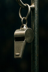 Close-up of a classic metal whistle hanging from a hook with a dark background, symbolizing control, alert, or authority in sports or training.
