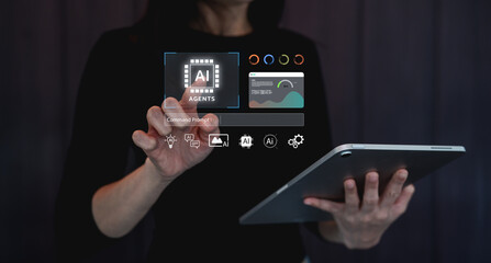 A woman interacts with a digital tablet displaying various AI-related icons and graphs, symbolizing technology and innovation in a modern setting.