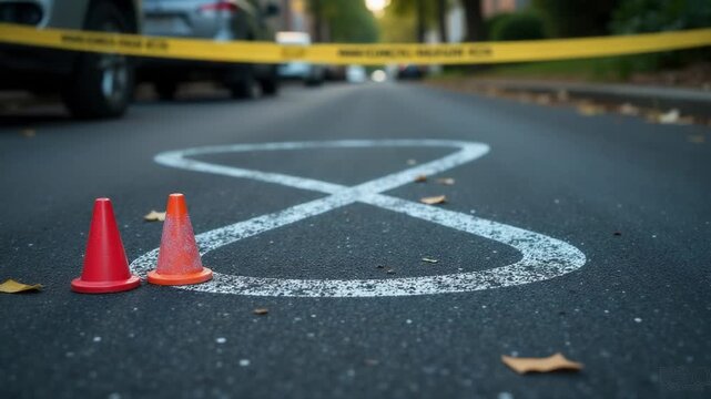Traffic cones and yellow tape mark a construction site on a city street