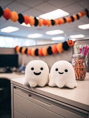 Two cute ghost plush toys sit on a desk, surrounded by festive Halloween decorations, creating a cheerful and playful atmosphere.