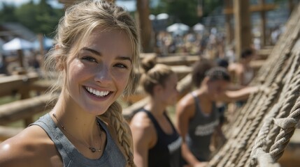Smiling Woman Participates in Outdoor Fitness Challenge Event