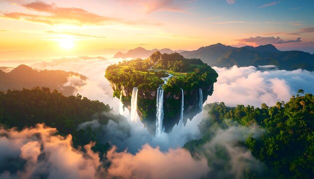 A breathtaking aerial view of a floating island paradise, lush with greenery and cascading waterfalls, set against a backdrop of dramatic mountains and clouds at sunrise.
