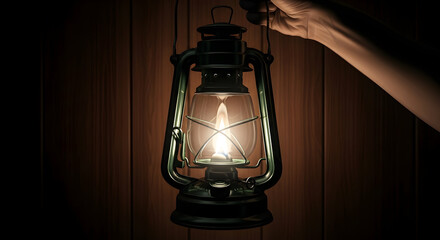 Hand holding antique kerosene lantern glowing in dark rustic wooden background hope light vintage retro illumination darkness night