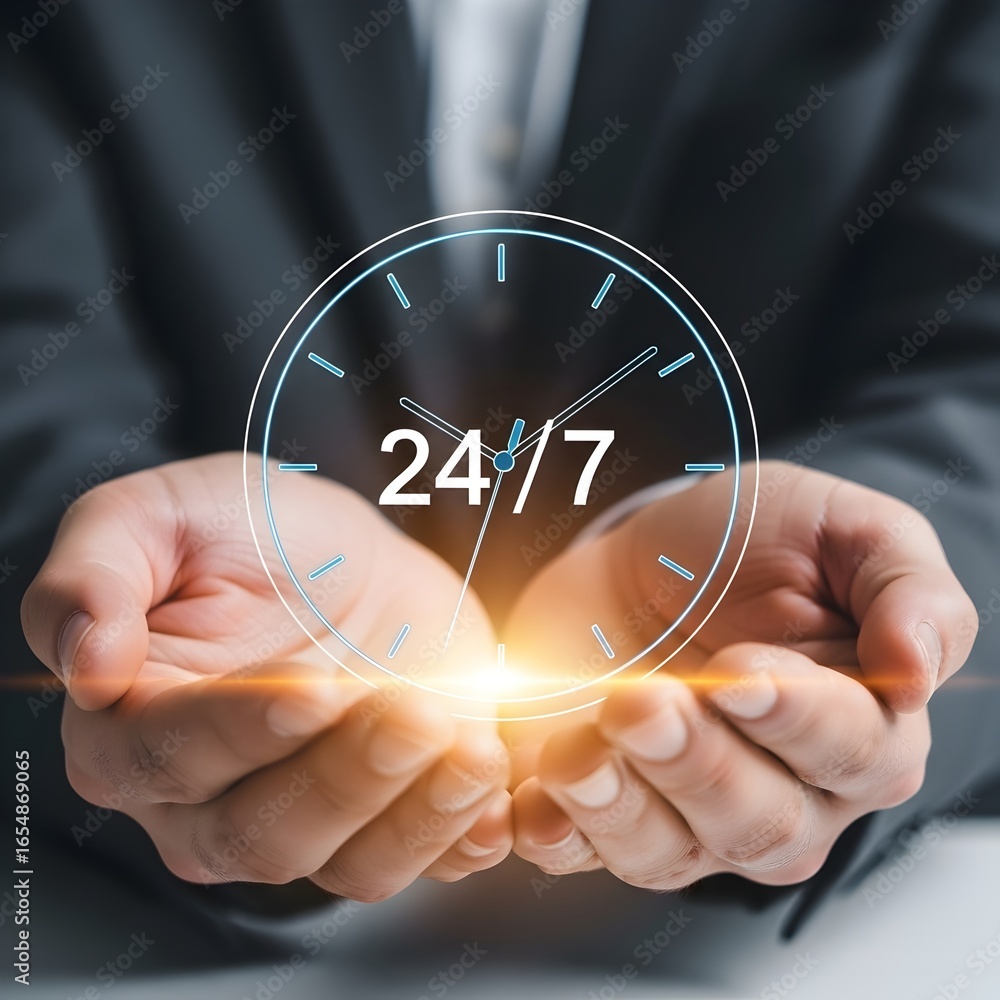 Poster hands holding glowing 24 7 service symbol representing constant availability and support