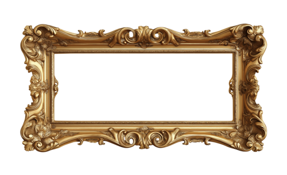 Golden vintage picture frame with a blank white background, isolated on white. Detailed illustrations, high-resolution, professional photograph, very sharp focus, hyper-detailed, intricate details, 