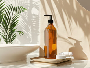 Amber bottle with pump on wooden tray in bathroom with plant and shadows creating a spa like scene