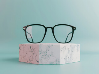Black framed eyeglasses resting atop a marble cube against a light blue seamless background scene setup