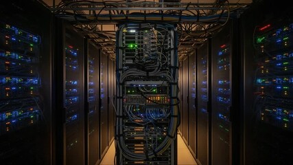 Modern data center with server racks, network cables and LED lights, futuristic technology background for cloud computing, big data, internet and digital storage - Powered by Adobe