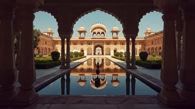 Amber Palace Reflection in Water Pool Through Archway in Jaipur India Under Clear Blue Sky With Intricate Stone Carvings and Lush Greenery