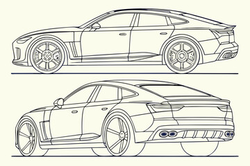 Fototapeta premium Modern luxury sedan side and rear view line art